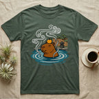 Capybara wearing an orange slice, relaxing in a steaming hot spring.