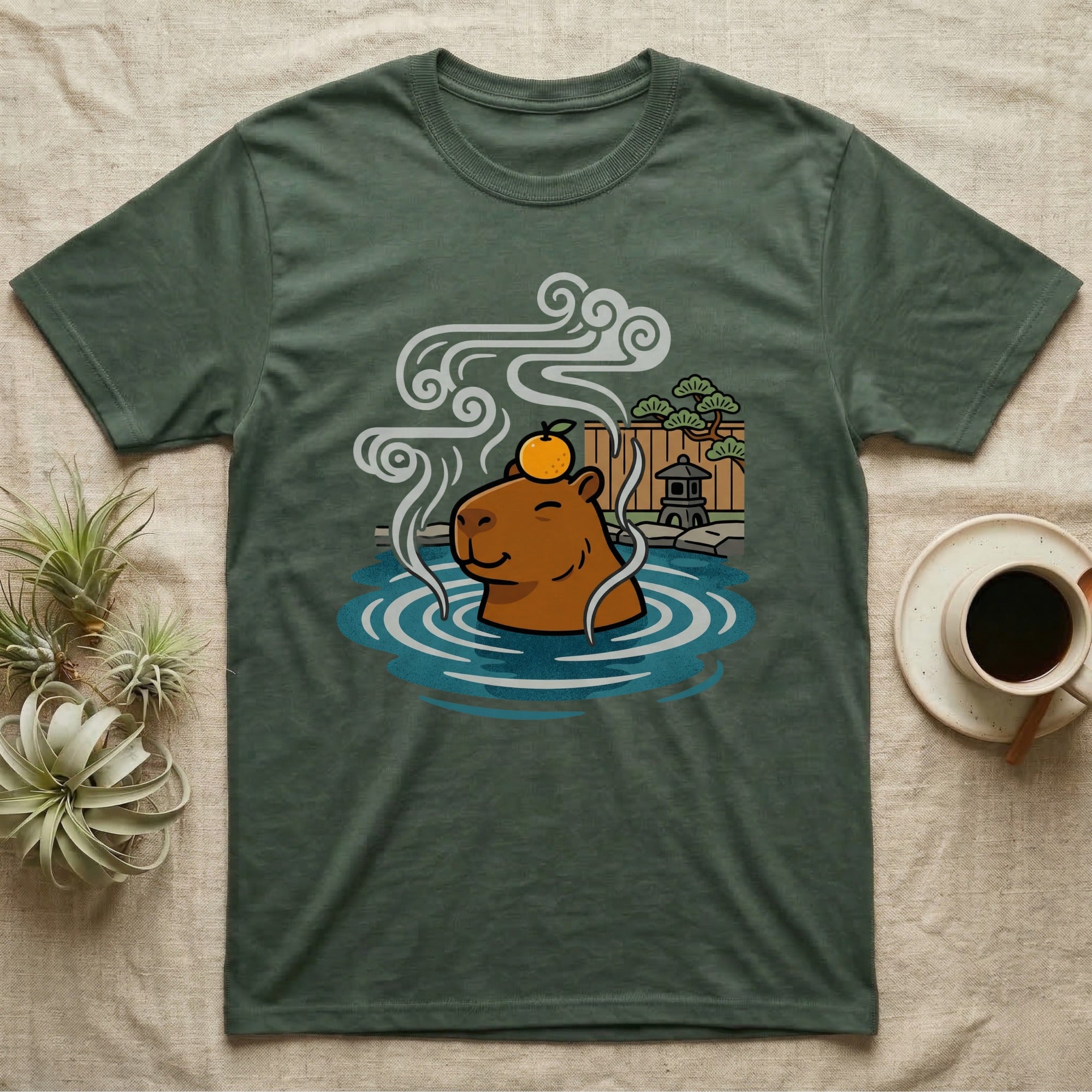 Capybara wearing an orange slice, relaxing in a steaming hot spring.