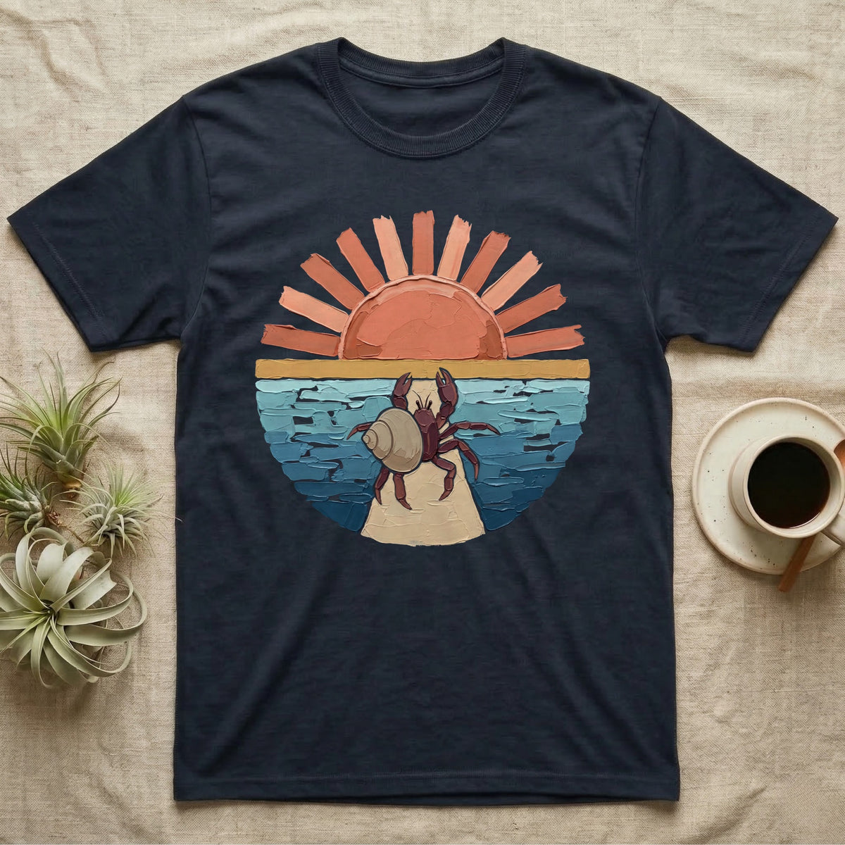 Hermit Crab Big Stretch T-Shirt in Navy — Palette-knife painted medallion of a Caribbean hermit crab at full stretch under a coral sunburst.