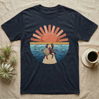 Hermit Crab Big Stretch T-Shirt in Navy — Palette-knife painted medallion of a Caribbean hermit crab at full stretch under a coral sunburst.