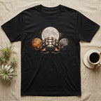 Isopod Moon Trio T-Shirt in Black — Three isopod morphs in a shallow arc before a full moon, lit warm and low, fading into black.