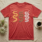 Hognose Morph Triptych T-Shirt in Heather Red — Palette-knife painting of three western hognose snakes side by side, albino, anaconda and snow morphs.