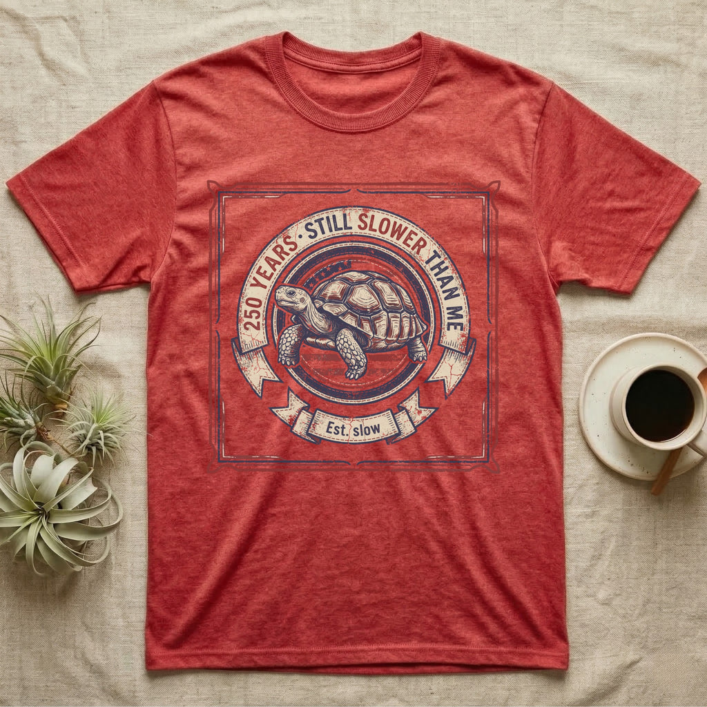 Slower Than Me Tortoise T-Shirt in Heather Red — Vintage-Americana roundel illustration of a tortoise with a banner reading "250 Years, Still Slower Than Me."