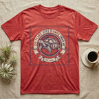 Slower Than Me Tortoise T-Shirt in Heather Red — Vintage-Americana roundel illustration of a tortoise with a banner reading "250 Years, Still Slower Than Me."