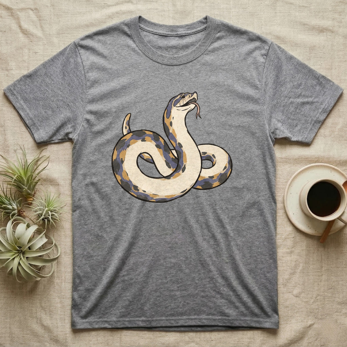 Hognose Play Dead T-Shirt in Sport Grey — Ukiyo-e woodblock illustration of a western hognose snake playing dead belly-up with a deadpan serif caption beneath.