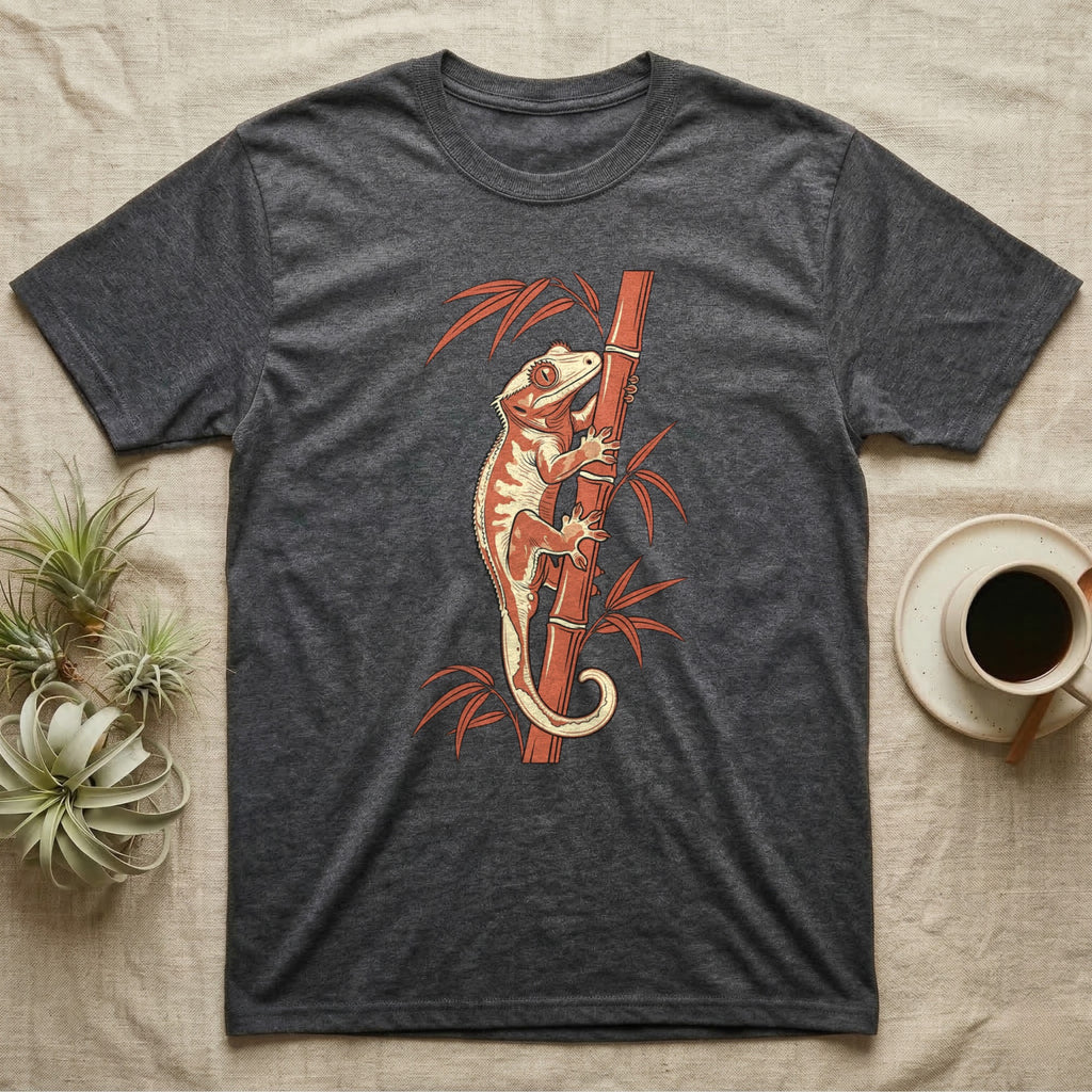 Dark grey t-shirt with a crested gecko climbing a bamboo stalk.