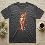 Dark grey t-shirt with a crested gecko climbing a bamboo stalk.