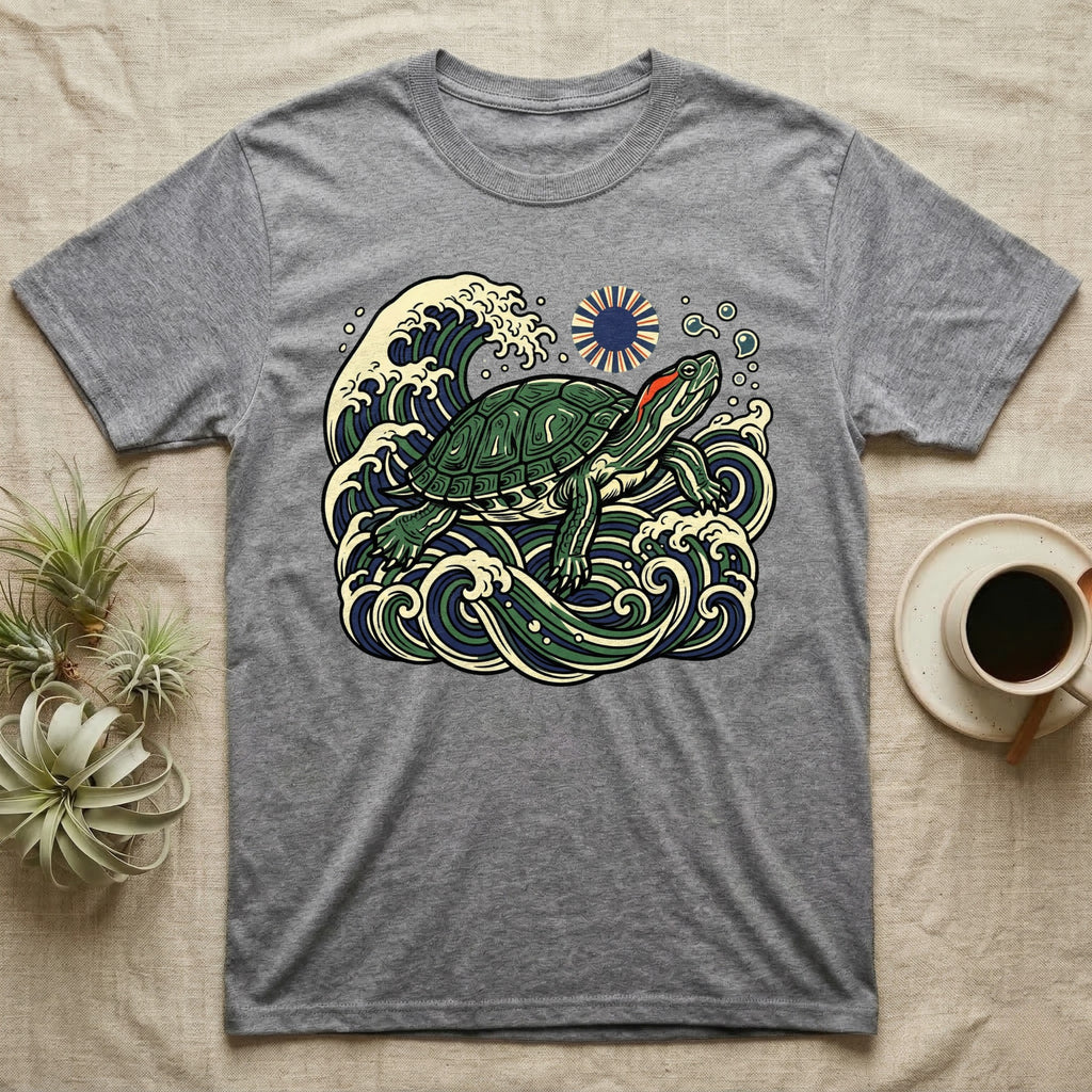 Green sea turtle on stylized waves with a red sun above.