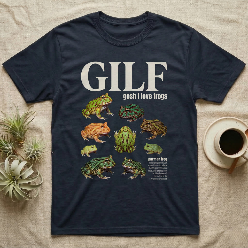 Pacman Frog GILF T-Shirt in Navy — Nine pacman frogs in a scattered cut-out photo collage beneath the huge cream word GILF on a grey ground.
