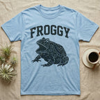 Pacman Frog Froggy T-Shirt in Light Blue — Worn one-ink print of a round pacman frog puffed up with its mouth gaped wide, under the arched word FROGGY