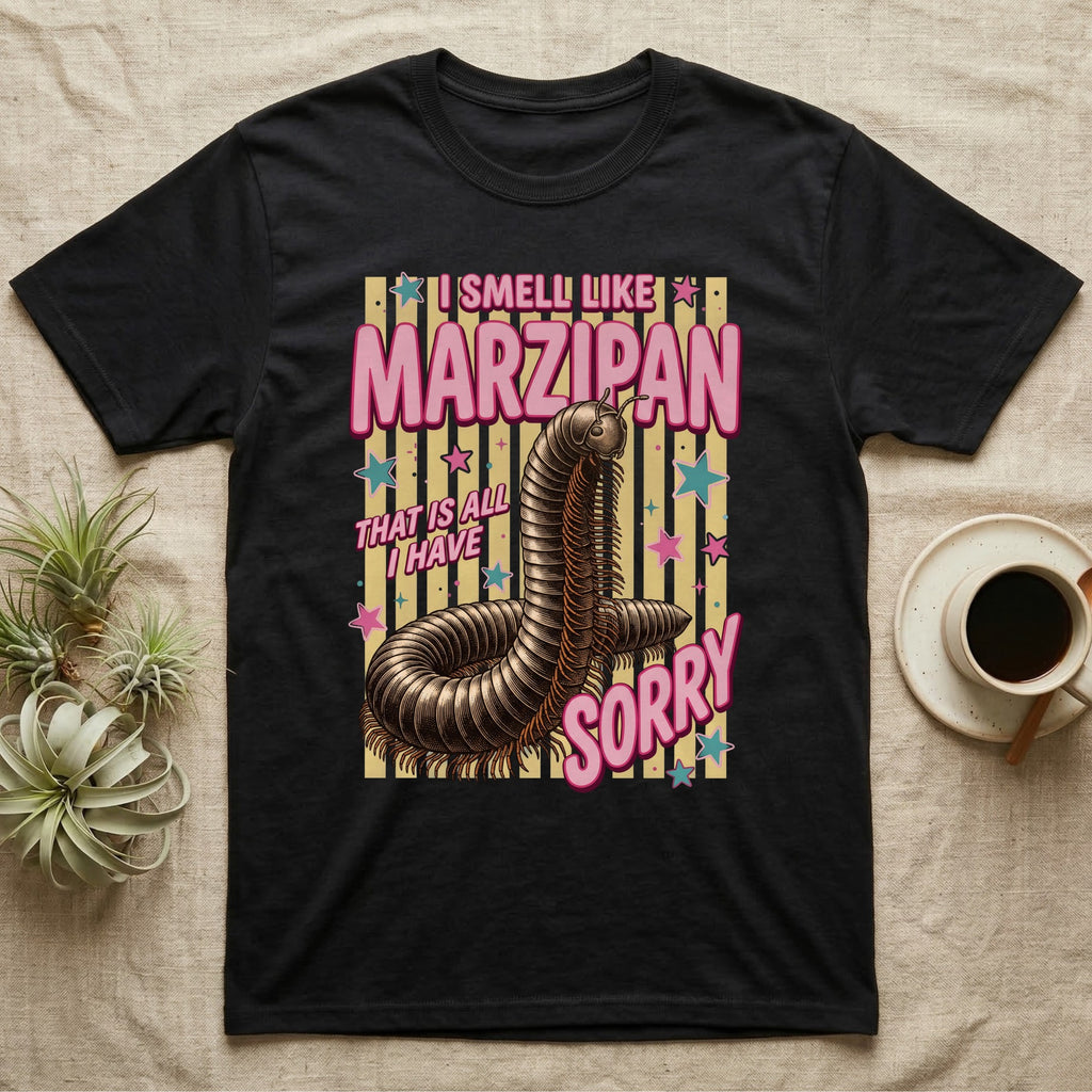 Millipede Almond Defence T-Shirt in Black — Engraved giant African millipede coiled upright under fat pink club lettering reading ALMOND DEFENCE on yellow stripes.