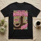 Millipede Almond Defence T-Shirt in Black — Engraved giant African millipede coiled upright under fat pink club lettering reading ALMOND DEFENCE on yellow stripes.