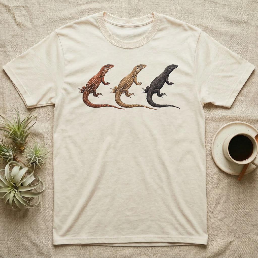 Ackie Monitor Triptych T-Shirt in Natural — Three ackie monitors in a row, painted in thick impasto — red, yellow and dark island forms with pale ocelli.