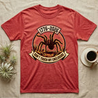Tarantula Don't Touch Enclosure Tee in Heather Red — Distressed circular badge of a defensive tarantula on desert ground, red and gold banner reading Don't Touch My Enclosure, on black.