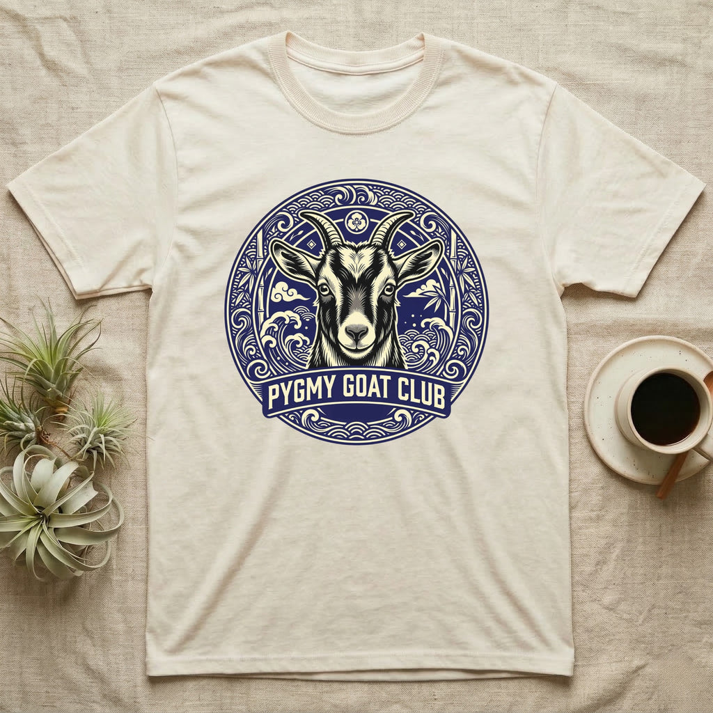T-shirt with circular "Pygmy Goat Club" logo featuring a goat's head.