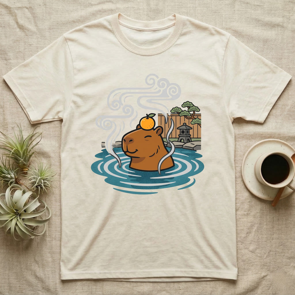 Capybara relaxing in a hot spring with an orange on its head.