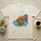 Capybara relaxing in a hot spring with an orange on its head.