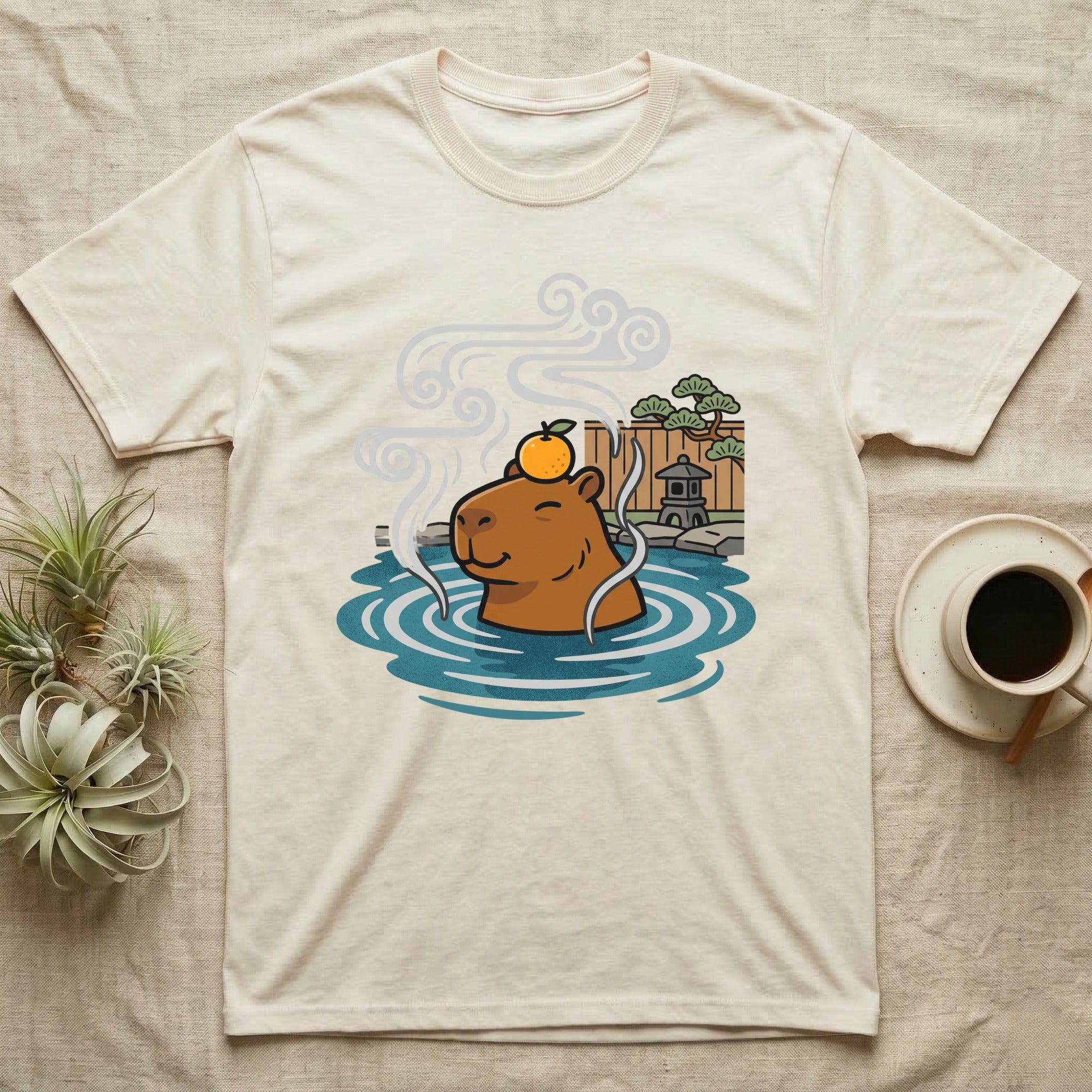 Capybara relaxing in a hot spring with an orange on its head.
