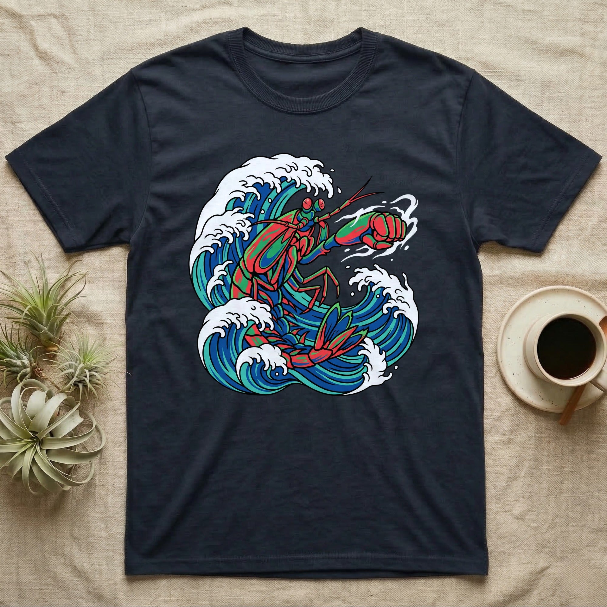 Dark t-shirt with a colorful lobster in a crashing wave design.