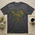 Dark gray t-shirt with a heart-shaped design of a frog and natural elements.