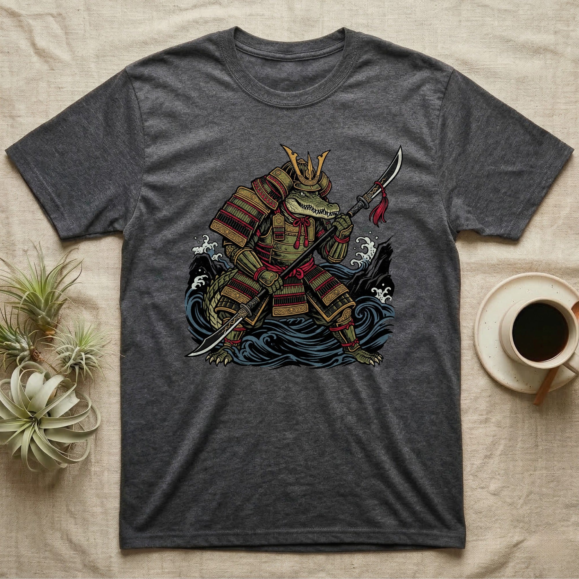 Samurai alligator wearing armor holding a sword with waves.