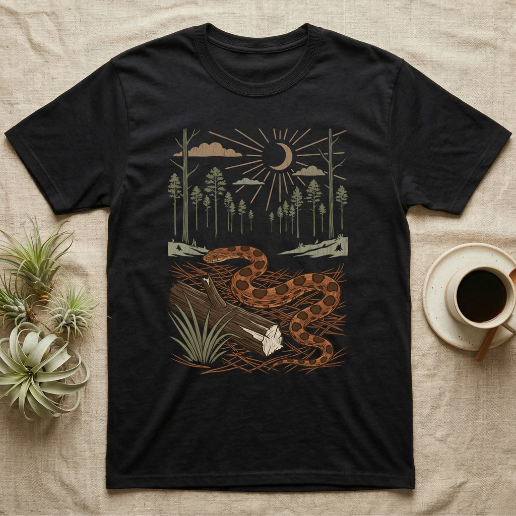 Corn Snake Home Range T-Shirt in Black — Woodcut-style illustration of a corn snake winding across pine straw beside a split log with pine trees behind, no on-shirt text.