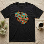 Black t-shirt with a geometric lizard head design in turquoise and orange.
