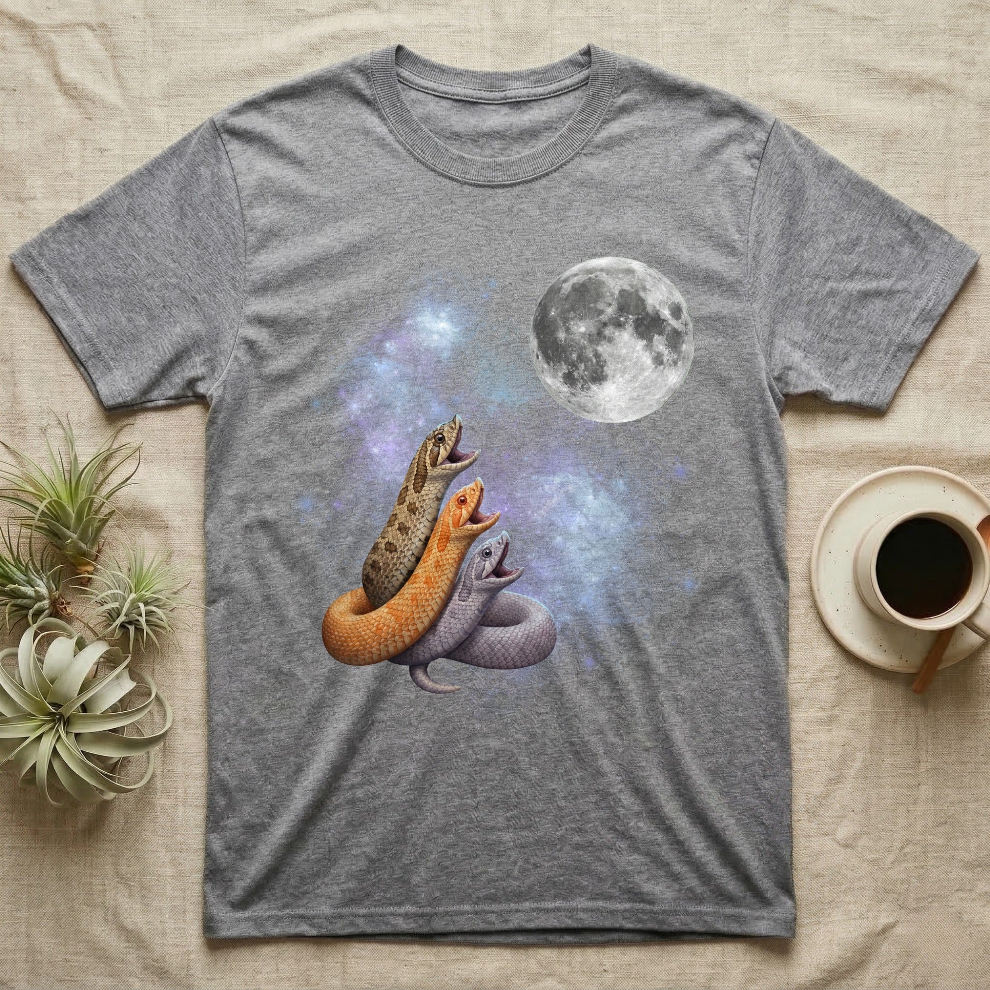 Western Hognose Snake Moon Howl T-Shirt in Sport Grey — Three Western Hognose Snake colour morphs howling at a full moon over a nebula on a dark grey t-shirt.