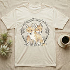 Two foxes in a leafy wreath design on a cream t-shirt.
