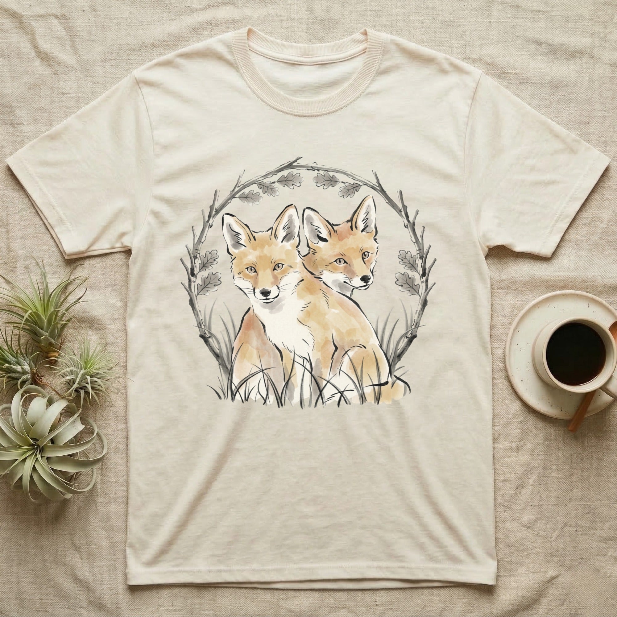 Two foxes in a leafy wreath design on a cream t-shirt.