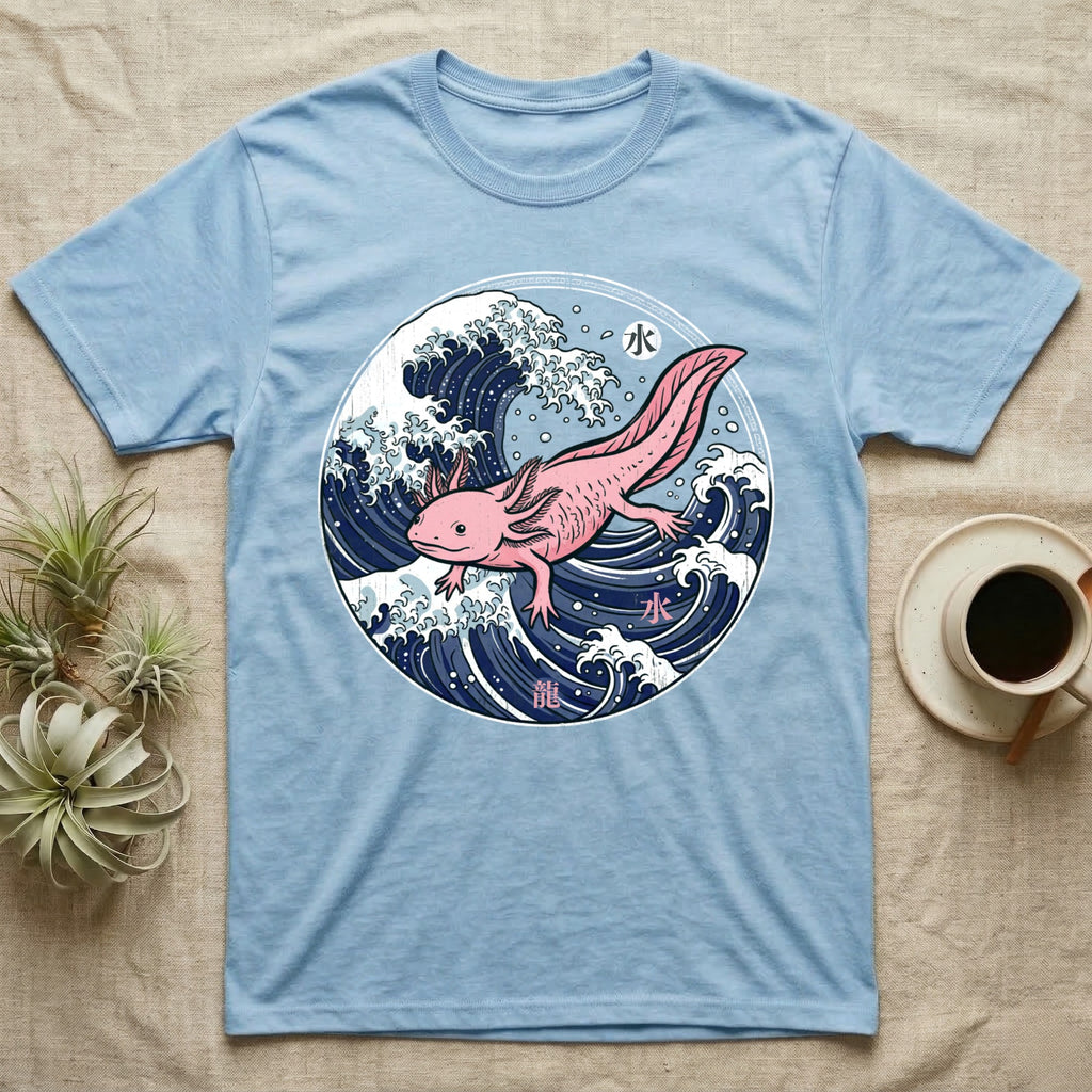 Light blue t-shirt with pink axolotl in a wave design.