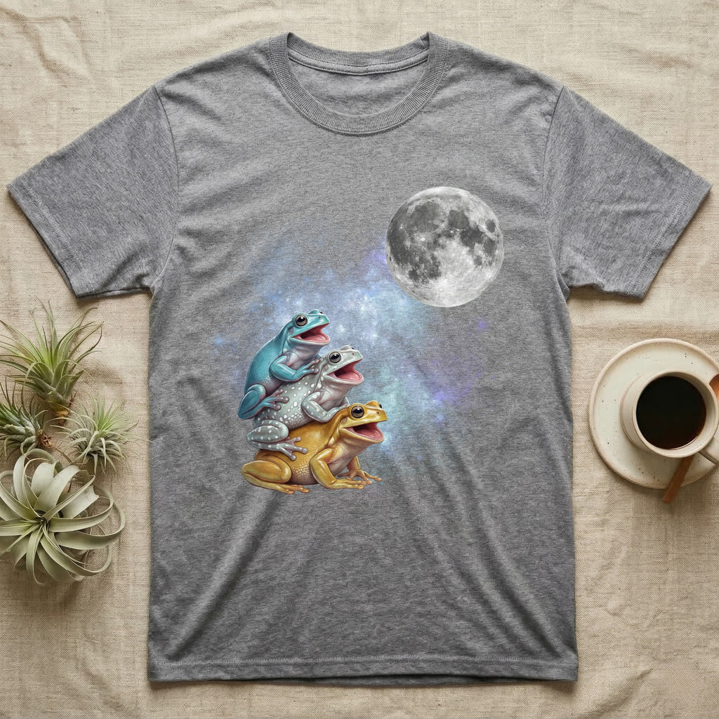 White's Tree Frog Moon Howl T-Shirt in Sport Grey — Three White's Tree Frog colour morphs howling at a full moon over a nebula on a dark grey t-shirt.