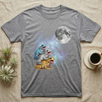 White's Tree Frog Moon Howl T-Shirt in Sport Grey — Three White's Tree Frog colour morphs howling at a full moon over a nebula on a dark grey t-shirt.