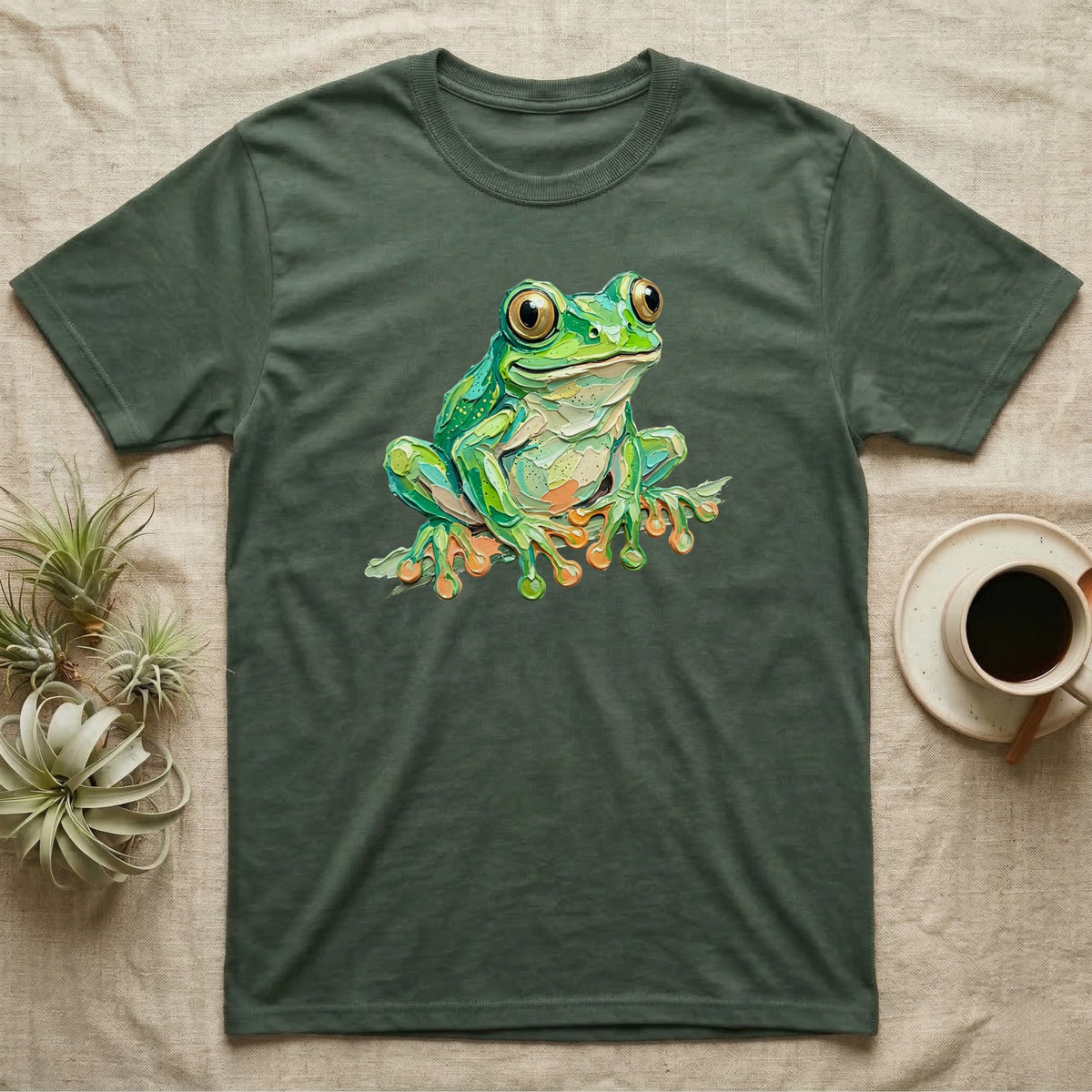 Green t-shirt with a colorful frog illustration.