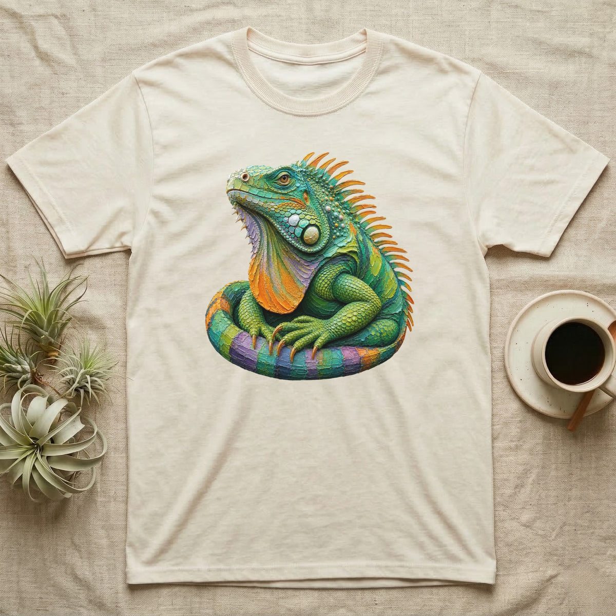 T-shirt with colorful iguana illustration and cup of coffee.