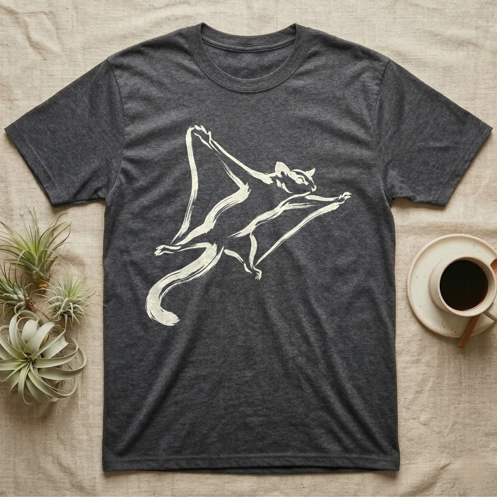 Dark grey t-shirt with a cream flying squirrel graphic and a coffee cup.
