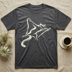 Dark grey t-shirt with a cream flying squirrel graphic and a coffee cup.