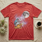 White's Tree Frog Moon Howl T-Shirt in Heather Red — Three White's Tree Frog colour morphs howling at a full moon over a nebula on a dark grey t-shirt.