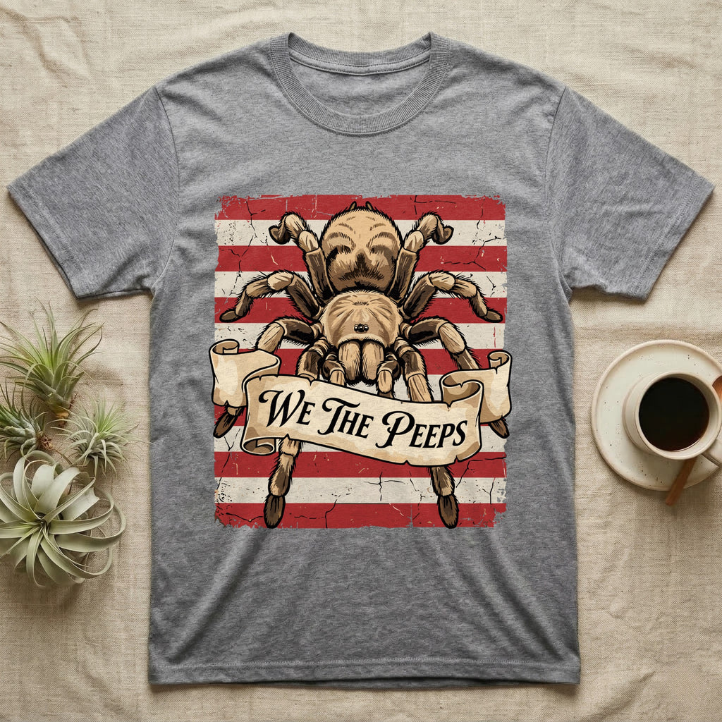 Tarantula We The Peeps T-Shirt in Sport Grey — Detailed tarantula over a distressed striped flag holding a banner scroll reading We The Peeps.
