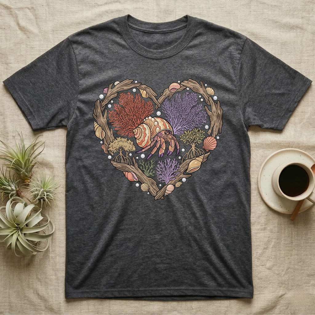 Heart-shaped design with seashells, coral, and a hermit crab on a dark grey t-shirt.