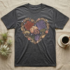 Heart-shaped design with seashells, coral, and a hermit crab on a dark grey t-shirt.