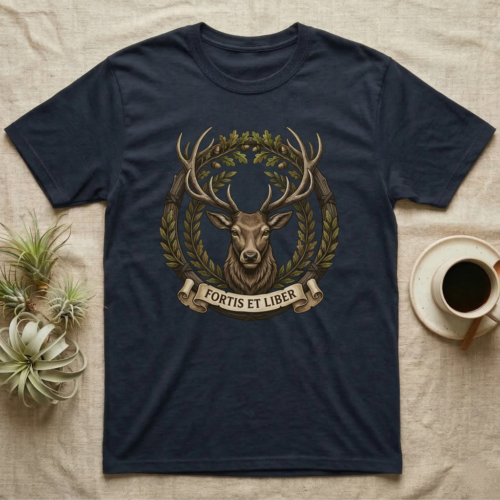 Navy t-shirt featuring a deer's head within an oak wreath with "Fortis Et Liber" banner.