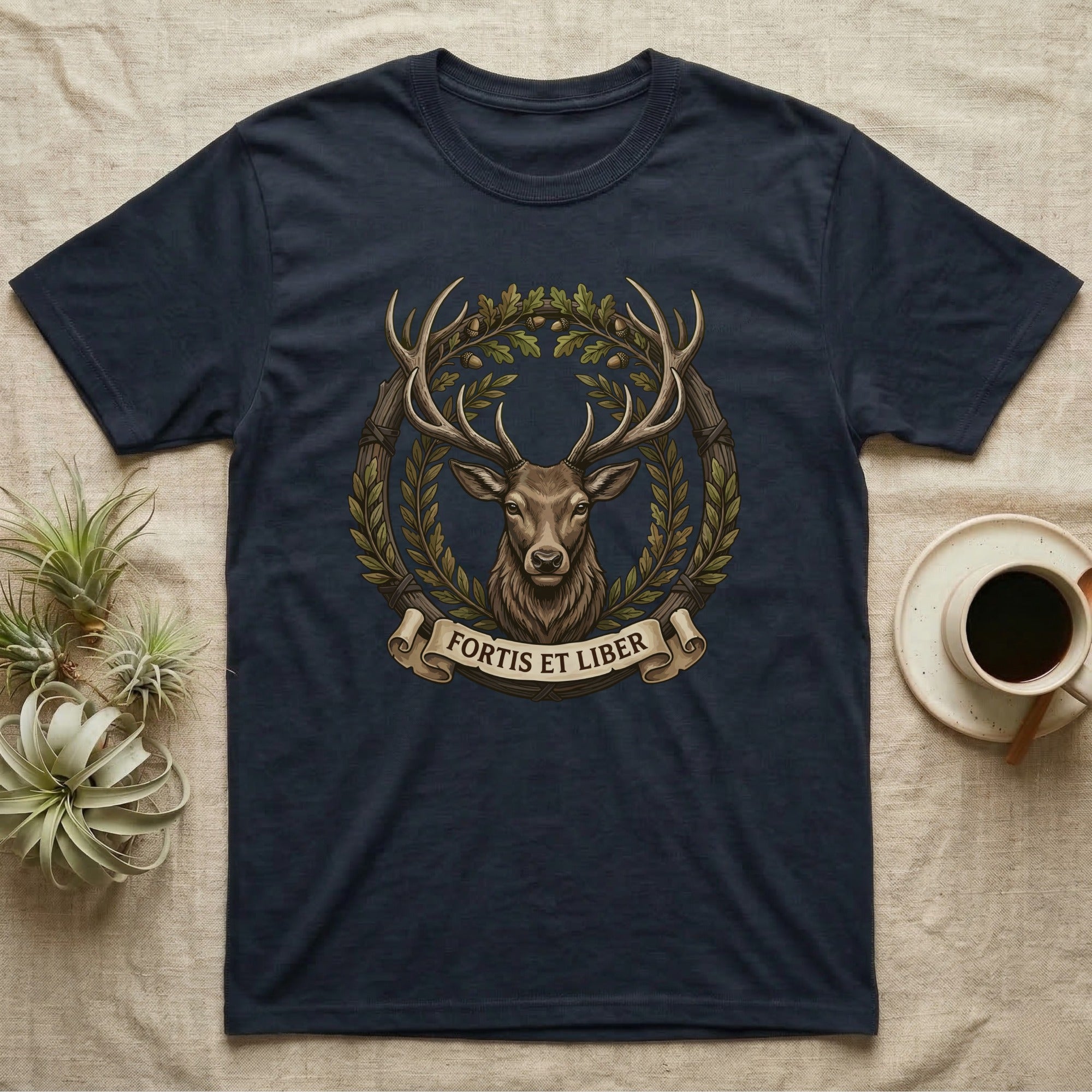 Navy t-shirt featuring a deer's head within an oak wreath with "Fortis Et Liber" banner.