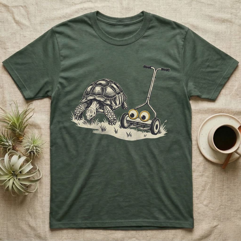 Tortoise Lawnmower Googly T-Shirt in Military Green — Linocut illustration of a sulcata tortoise grazing beside a push mower wearing oversized googly eyes.