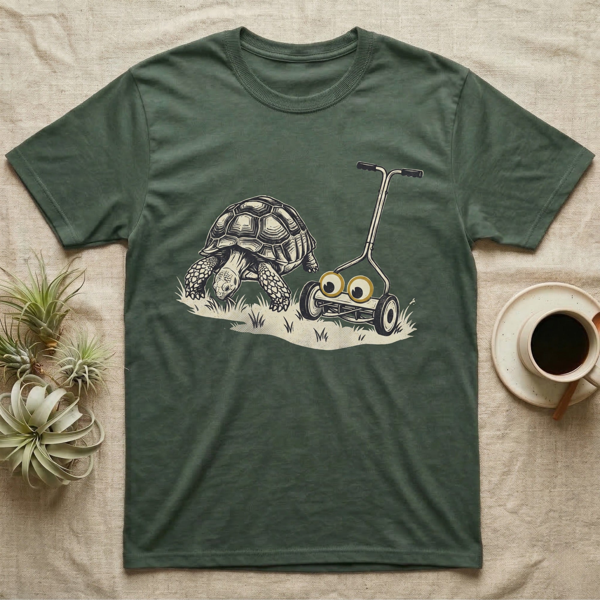 Tortoise Lawnmower Googly T-Shirt in Military Green — Linocut illustration of a sulcata tortoise grazing beside a push mower wearing oversized googly eyes.