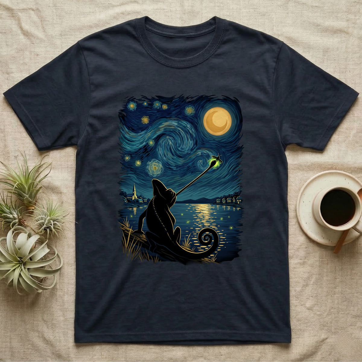 Veiled Chameleon Firefly T-Shirt in Navy — Veiled chameleon silhouette from behind catching a glowing firefly with its tongue in a swirling painted night sky