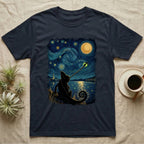 Veiled Chameleon Firefly T-Shirt in Navy — Veiled chameleon silhouette from behind catching a glowing firefly with its tongue in a swirling painted night sky