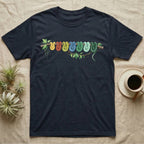 Green Tree Python Canopy Crew T-Shirt in Navy — Watercolor illustration of a green tree python in seven real colour-change stages coiled on a branch, dark grey T-shirt design.