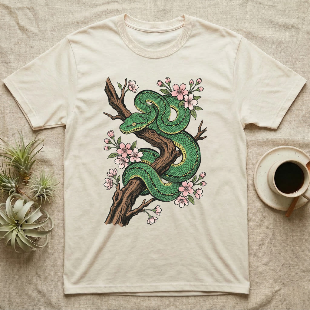 Green snake coiled on a branch with pink cherry blossoms.