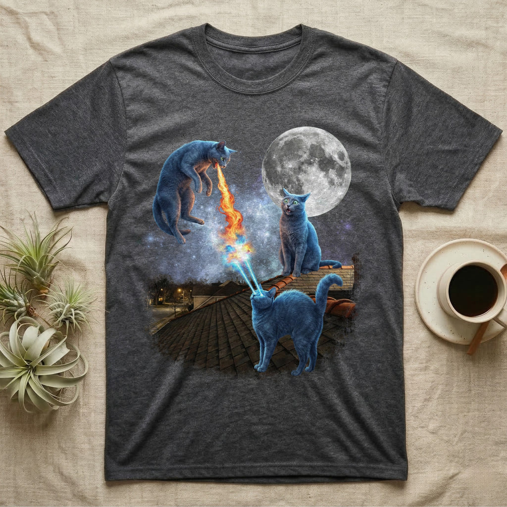 Two blue cats breathing fire and laser beams on a rooftop under a full moon.